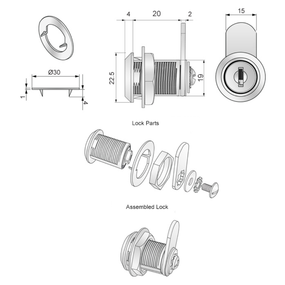 Cabinet Lock with Straight Cam Plate 19x20mm, Chrome