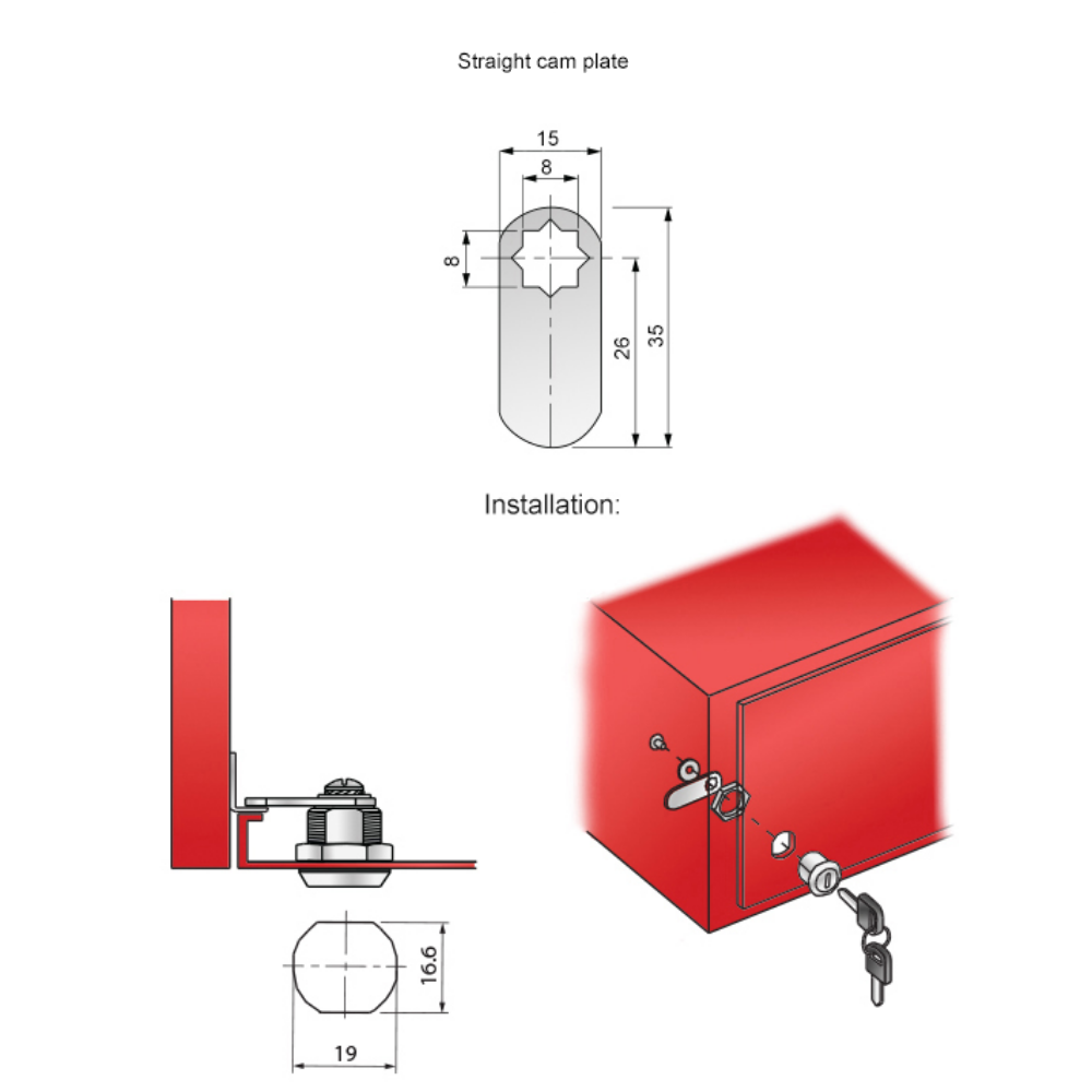Cabinet Lock with Straight Cam Plate 19x30mm, Chrome
