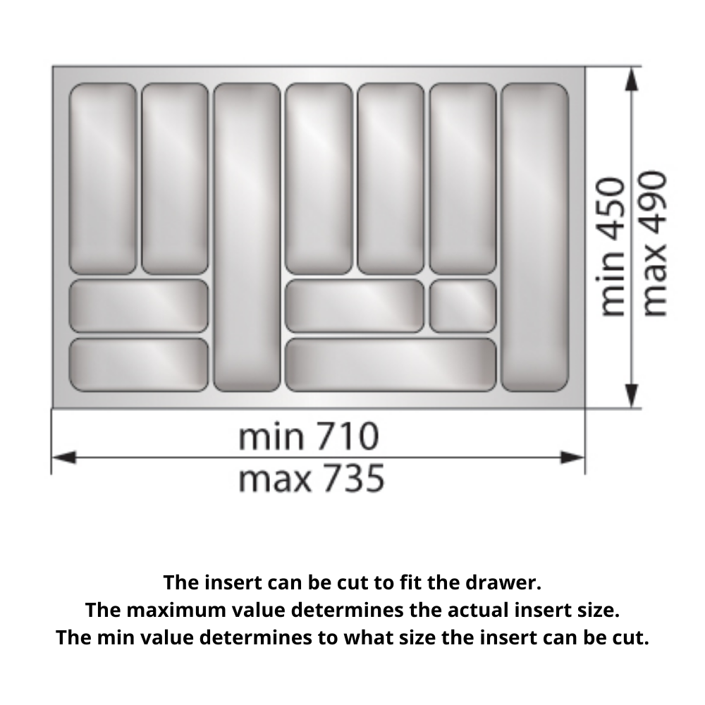 Cutlery Tray for Drawer, Cabinet Width: 800mm, Depth: 490mm - Metallic