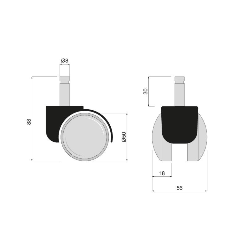 Furniture plastic swivel wheel with mounting pin 8mm and sleeve - Ø50mm