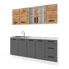 GONZO - Kitchen Set - Anthracite / Wotan Oak with Worktop - 6 Units - 200 cm