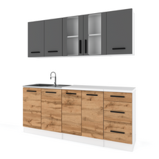 GONZO - Kitchen Set -  Wotan Oak / Anthracite with Worktop - 6 Units - 200 cm