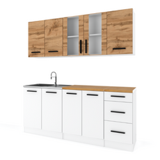 GONZO - Kitchen Set - White Matt / Wotan Oak with Worktop - 6 Units - 200 cm