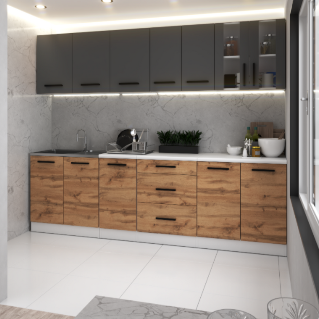 RENO - Kitchen Set - Wotan Oak / Anthracite  with Worktop - 8 Units - 260 cm