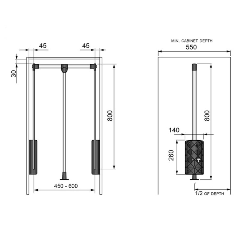 Pull Down Wardrobe Rail 450-600mm