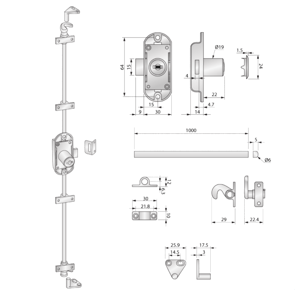 Rotatable Bar Lock 19x22mm, 2 Bars L-1000mm, Nickel