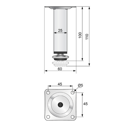 Square Furniture Leg 25x25mm - H100mm Chrome