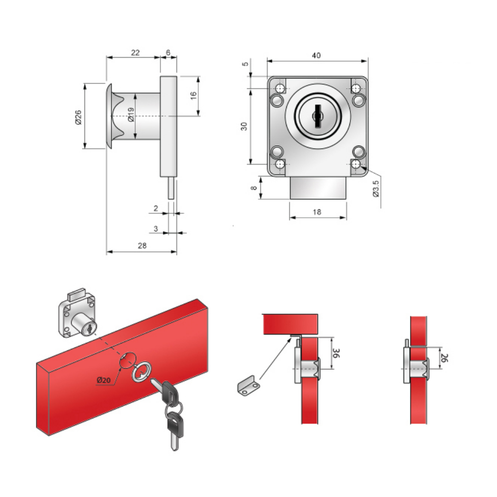 Square Furniture Lock 19x22mm, Nickel