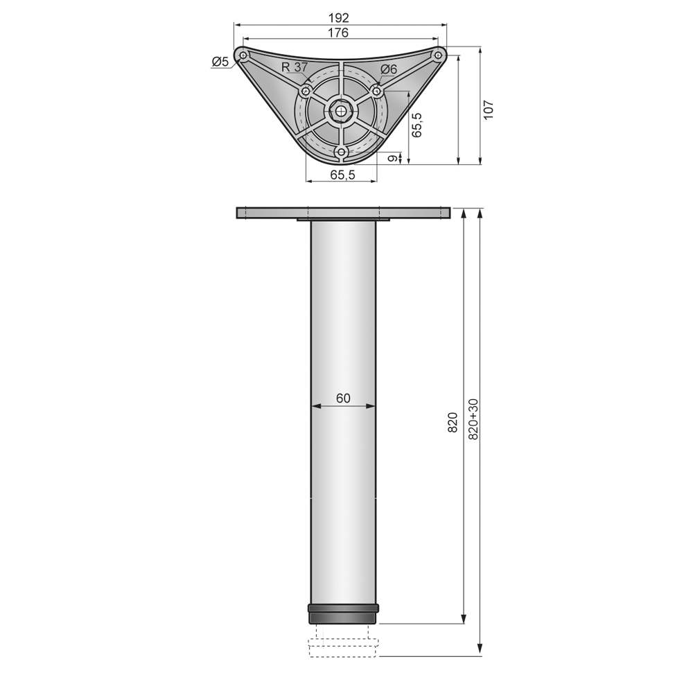 Adjustable Furniture Leg 820mm - ZnAl Mounting Plate - Black