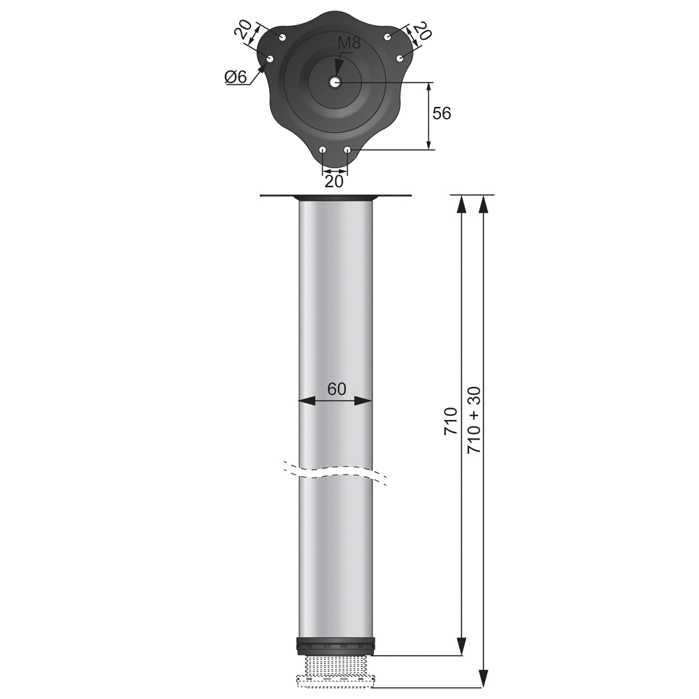Adjustable Furniture Leg 710mm - Steel Mounting Plate - White