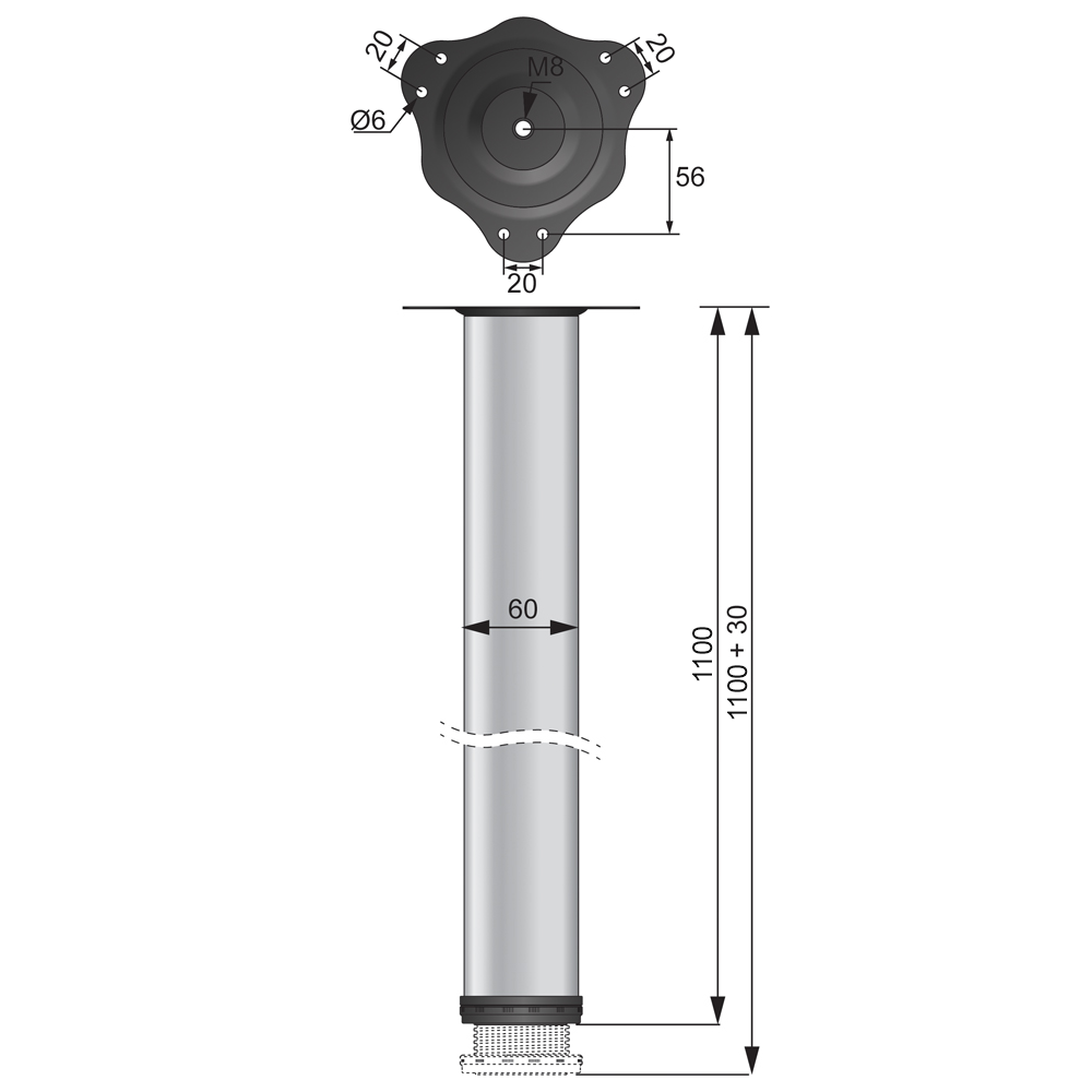 Adjustable Furniture Leg 1100mm - Steel Mounting Plate - Chrome