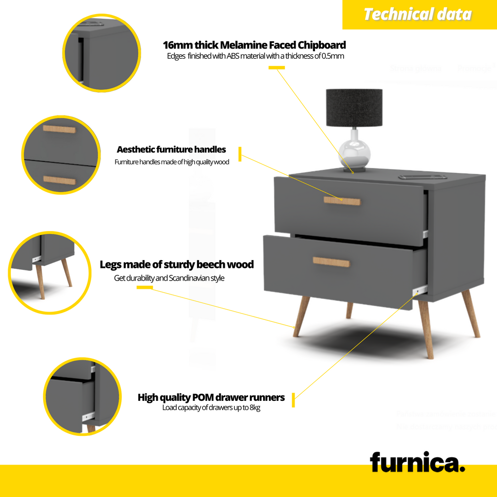 INGRID - Scandinavian Bedside Table - Nightstand with 2 Drawers - Anthracite Grey H45cm W45cm D30cm
