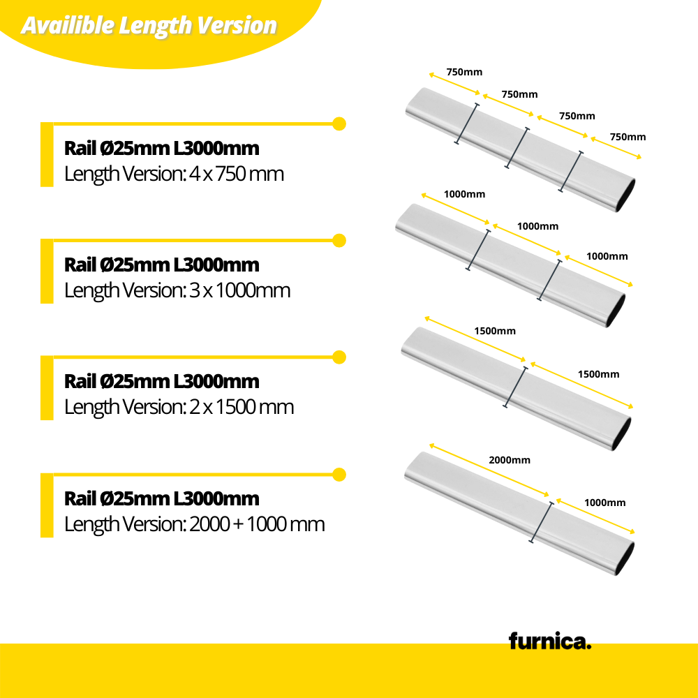 Wardrobe Oval Hanging Rail 15x30mm L3000mm, Chrome