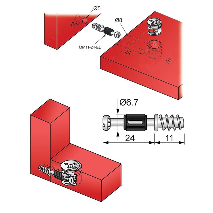 Cam Dowel 24mm with Euro Screw-Thread - 100 pcs