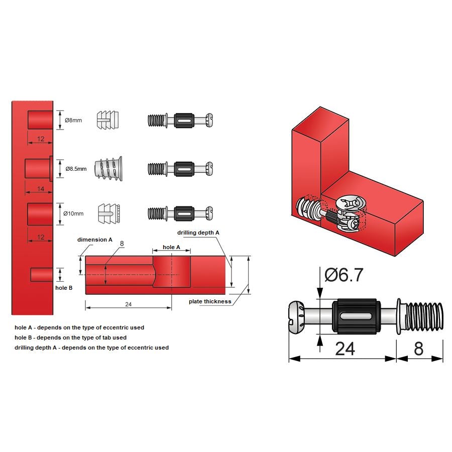 Cam Dowel 24mm with M6 Screw-Thread - 100 pcs