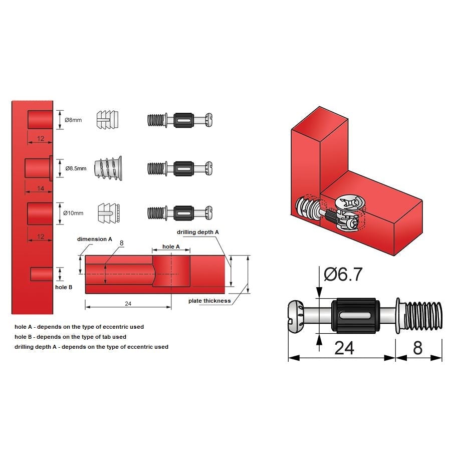 Cam Dowel 24mm with M6 Screw-Thread - 1 pc