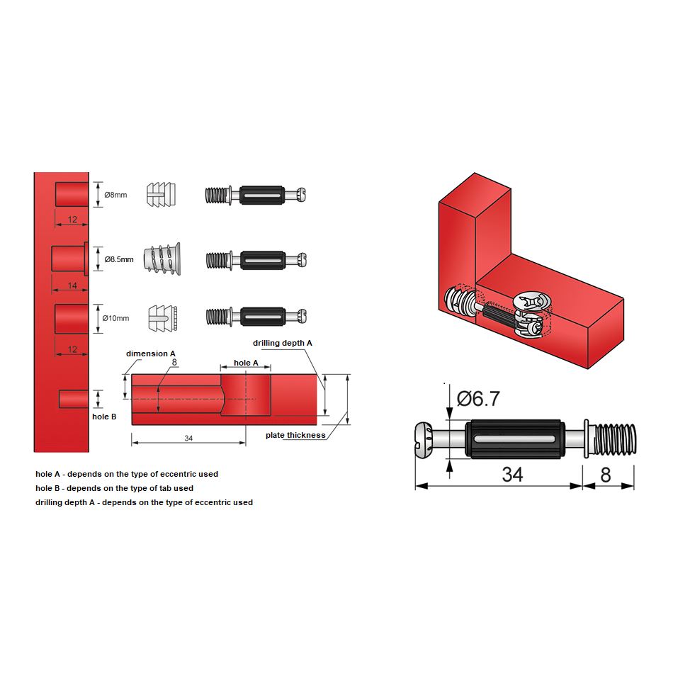 Cam Dowel 34mm with M6 Screw-Thread - 100 pcs