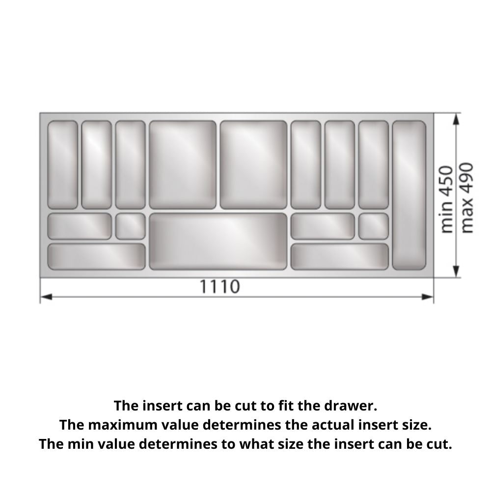 Cutlery Tray for Drawer, Cabinet Width: 1200mm, Depth: 490mm - Metallic