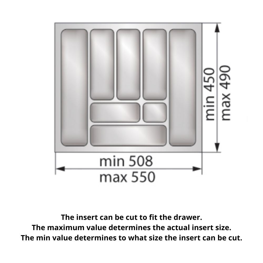 Cutlery Tray for Drawer, Cabinet Width: 600mm, Depth: 490mm - Metallic
