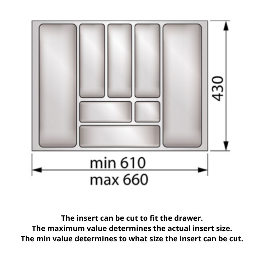 Cutlery Tray for Drawer, Cabinet Width: 700mm, Depth: 430mm - Metallic