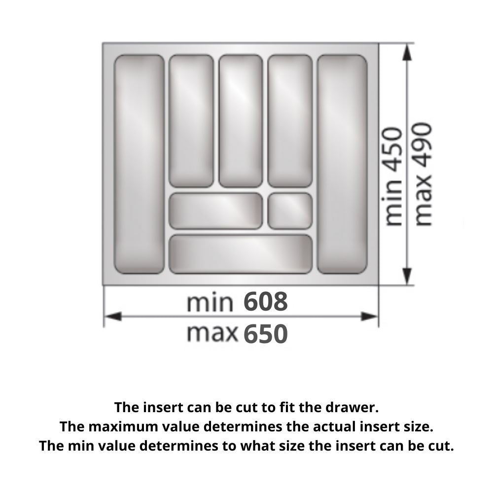 Cutlery Tray for Drawer, Cabinet Width: 700mm, Depth: 490mm - Metallic
