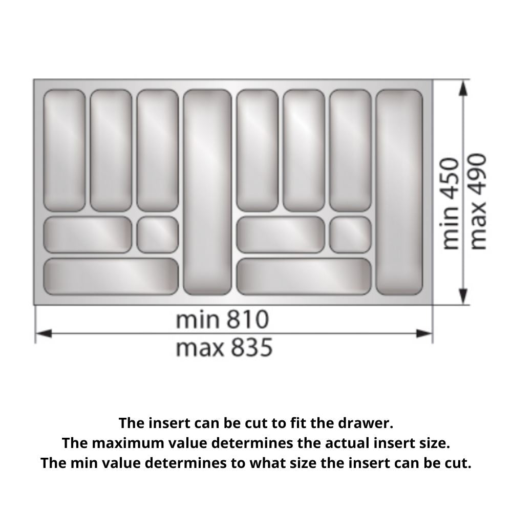 Cutlery Tray for Drawer, Cabinet Width: 900mm, Depth: 490mm - Metallic