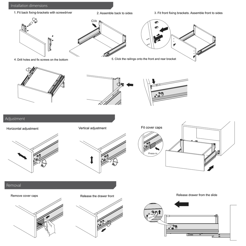 Soft-Close Drawer System, MEDIUM, H: 142mm, Silver 600mm