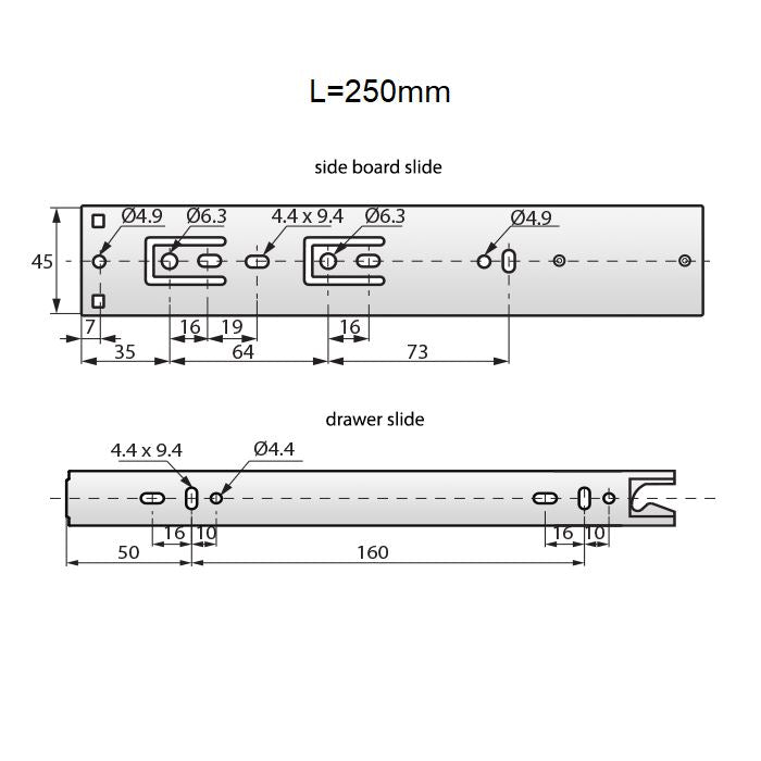 Drawer Runners Auto-Lock 250mm - H45 (Right and Left Side)