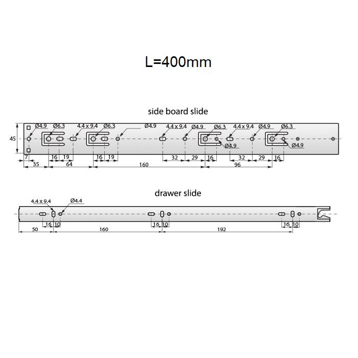 Drawer Runners Auto-Lock 400mm - H45 (Right and Left Side)
