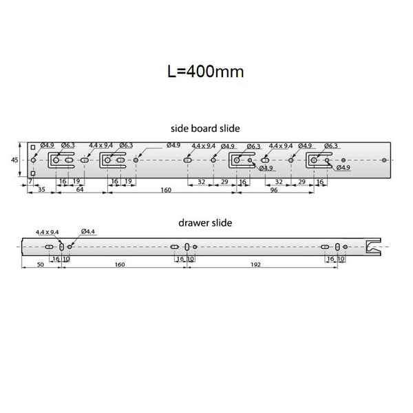 Drawer runners autolock 400mm H45 (right and left side) Furnica