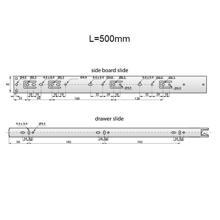Drawer Runners Auto-Lock 500mm - H45 (Right and Left Side)