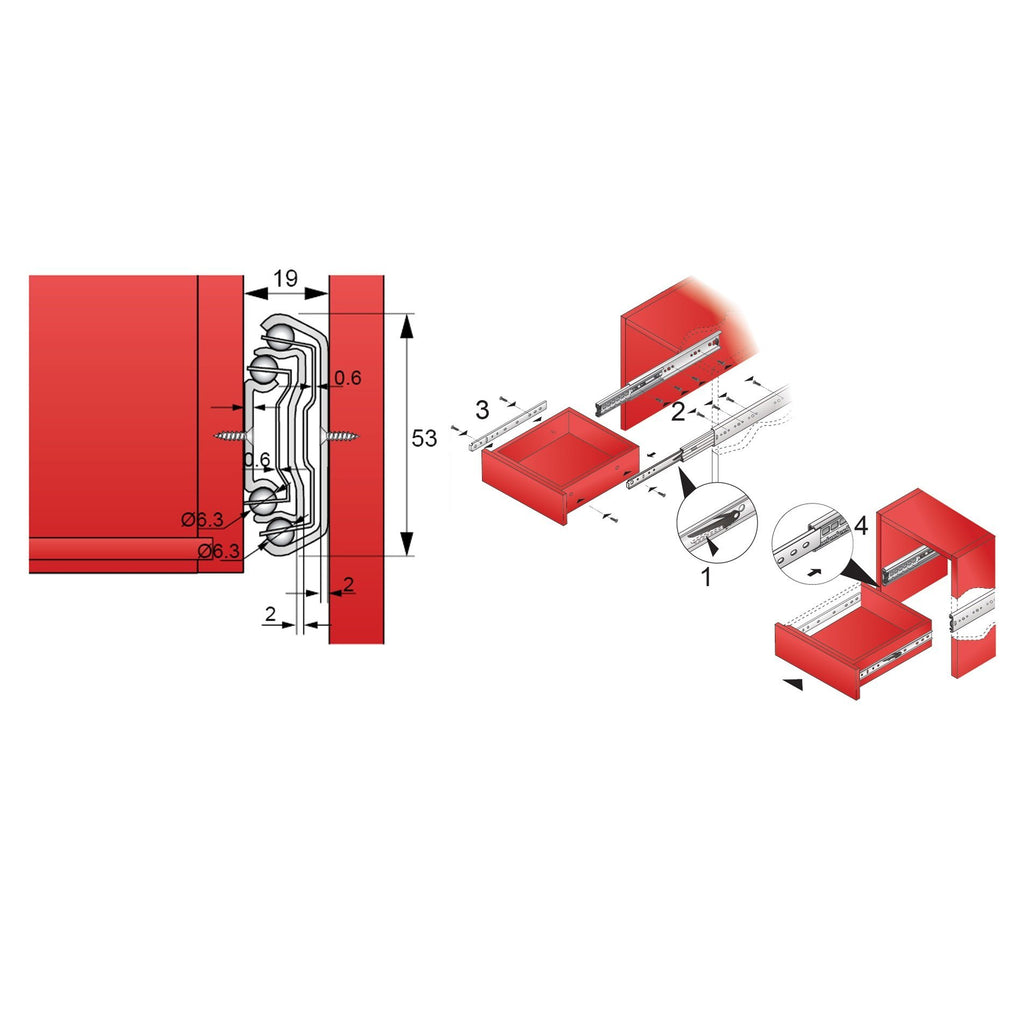 Drawer Runners Ball Bearing 1100mm - H53 (Right and Left Side)