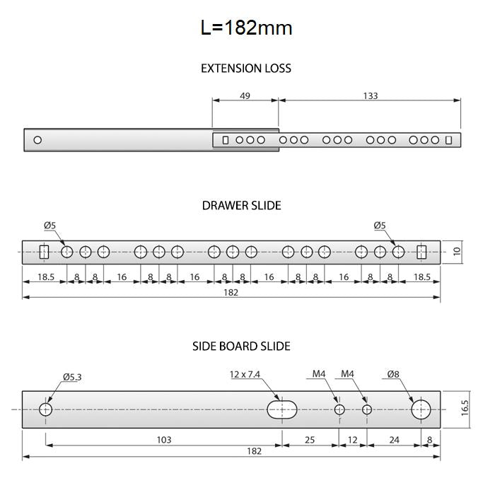 Drawer Runners Ball Bearing 182mm - H17 (Right and Left Side)