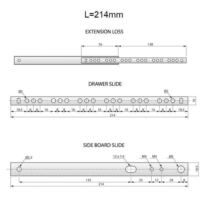 Drawer Runners Ball Bearing 214mm - H17 (Right and Left Side)