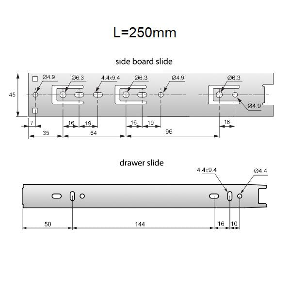 Drawer Runners Ball Bearing 250mm - H45 (Right and Left Side)