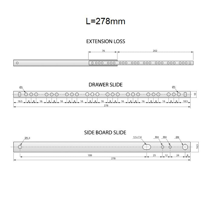 Drawer Runners Ball Bearing 278mm - H17 (Right and Left Side)