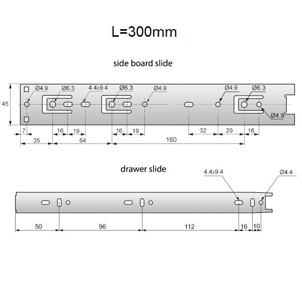 Drawer runners ball bearing 300mm - H45 (right and left side)