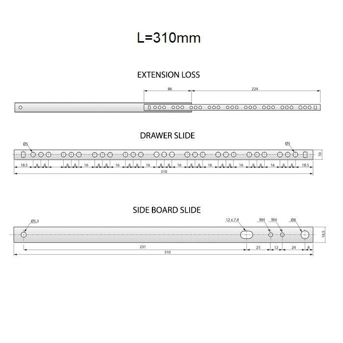 Drawer runners ball bearing 310mm - H17 (right and left side)
