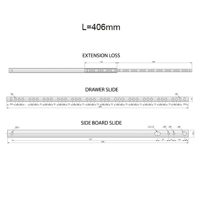 Drawer runners ball bearing 406mm - H17 (right and left side)