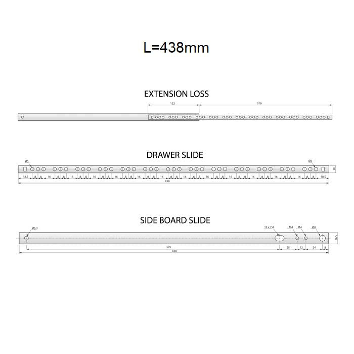 Drawer runners ball bearing 438mm - H17 (right and left side)