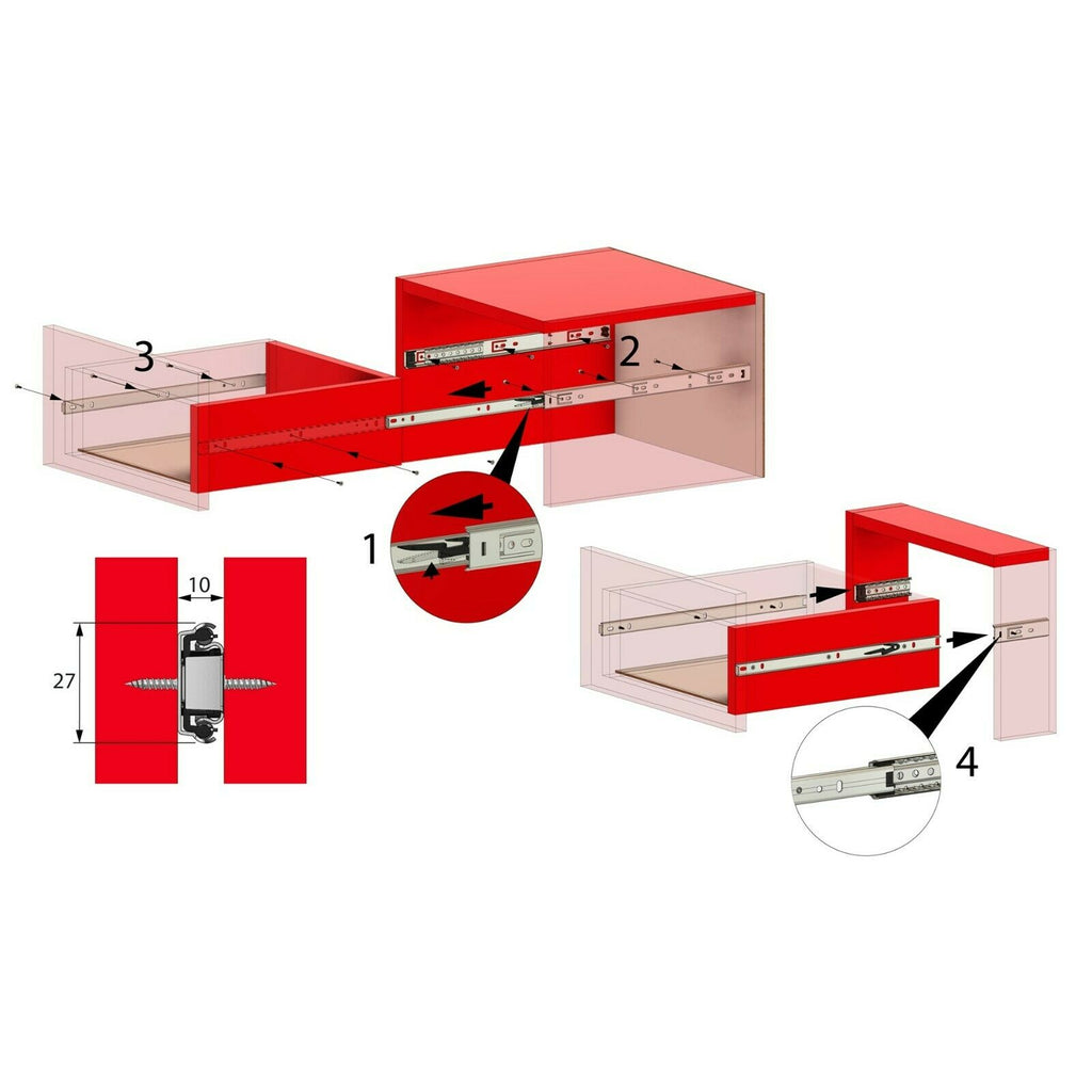 Drawer runners ball bearing 450mm - H27 (right and left side)
