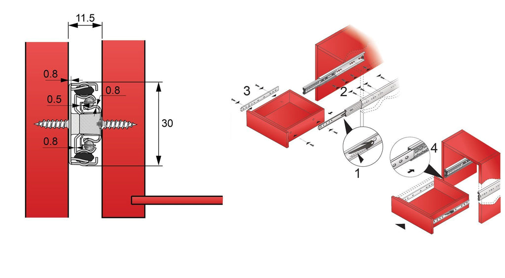 Drawer runners ball bearing 450mm - H30 (right and left side)