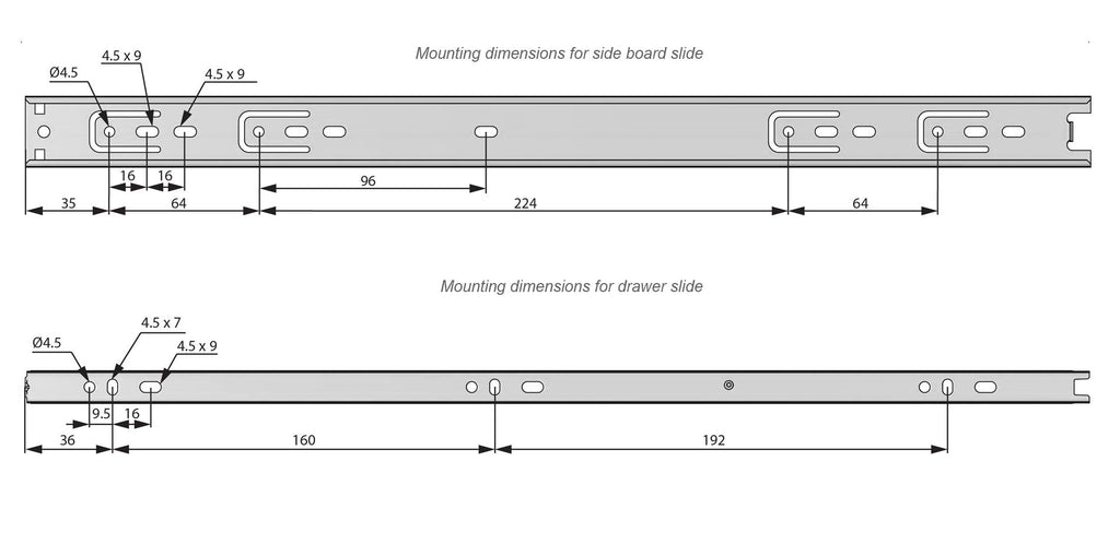 Drawer runners ball bearing 450mm - H30 (right and left side)