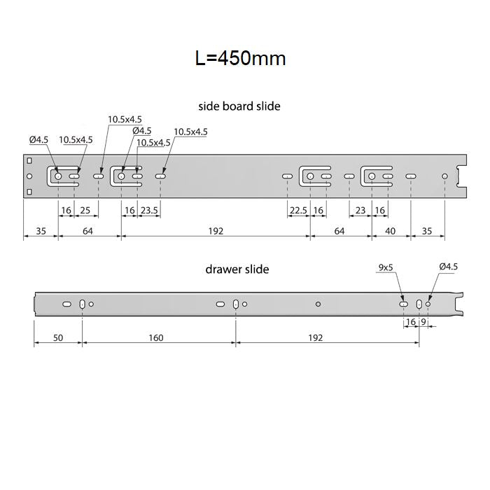 Drawer runners ball bearing 450mm - H45 (right and left side)
