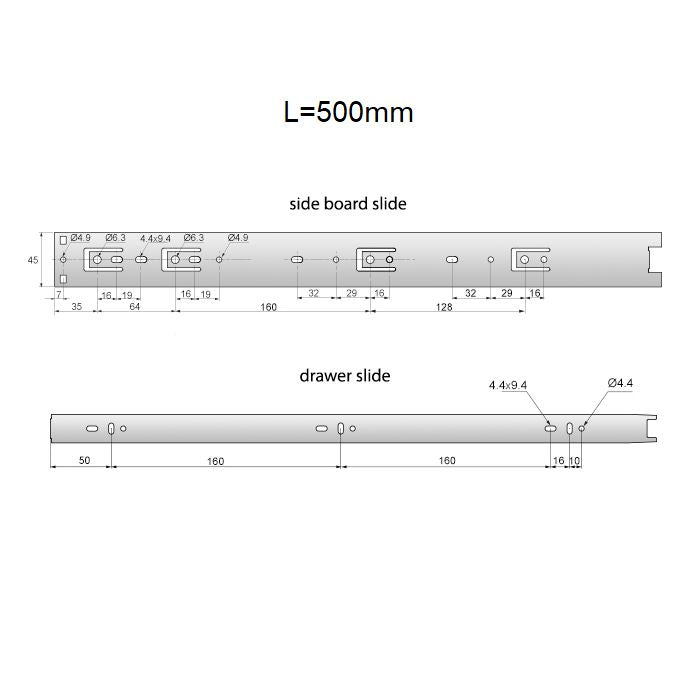 Drawer runners ball bearing 500mm - H45 (right and left side)