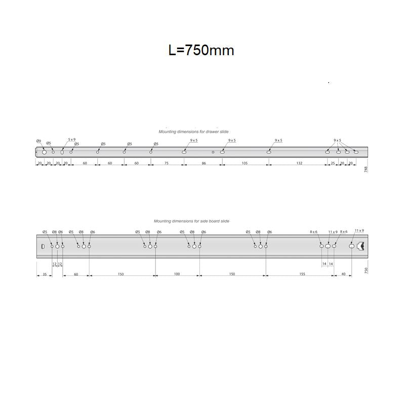 Drawer runners ball bearing 750mm - H53 (right and left side)