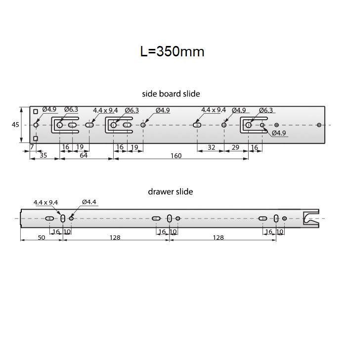 Drawer runners push to open 350mm - H45 (right and left side)