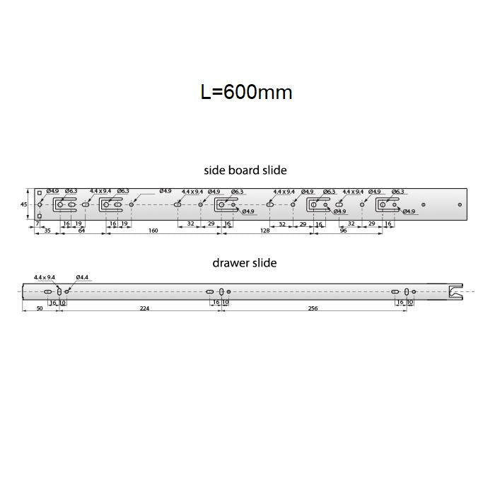 Drawer runners push to open 600mm - H45 (right and left side)