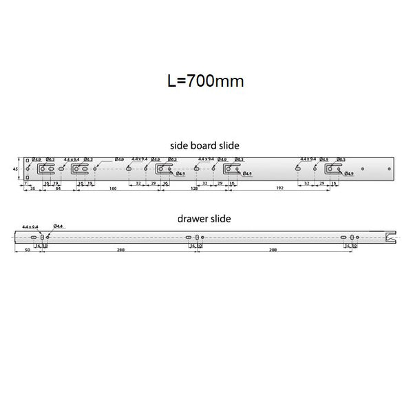 Drawer runners push to open 700mm H45 (right and left side) Furnica