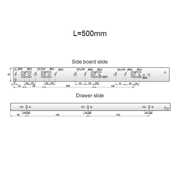 Drawer runners soft-close 500mm - H45 (right and left side)
